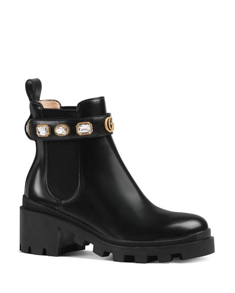 gucci women's trip leather ankle boots with crystal belt|Gucci black leather ankle boots.